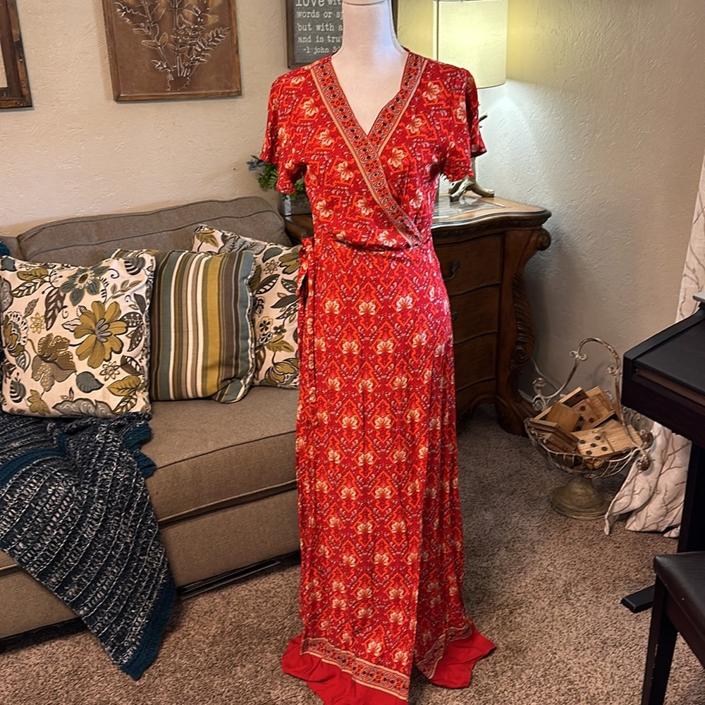 NEW Sexy Boho Style Wrap Floral Print Summer Long Red gold V-Neck Maxi Dress M - Picture 8 of 17